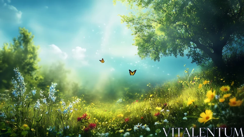 Sunlit wildflower meadow with butterflies in soft bloom.