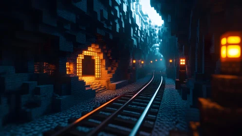 Minecraft-style railway tunnel with glowing lanterns and pixel art lighting.