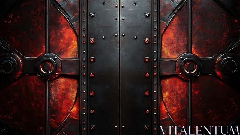 Forged metal vault doors glow with molten inner light.