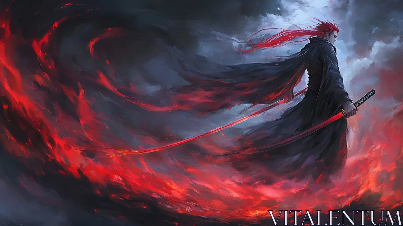 Crimson-haired warrior commands swirling fire in stormy twilight