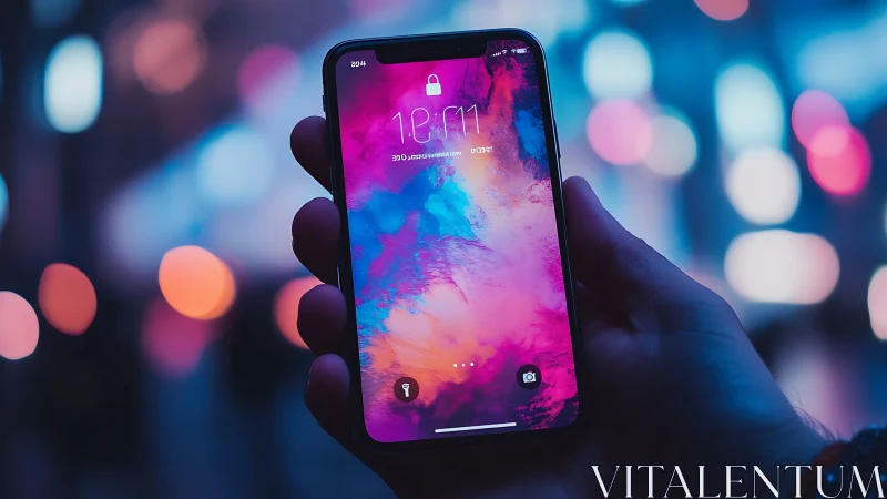 Smartphone close-up with neon bokeh urban night backdrop.