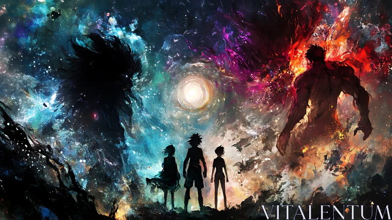 Silhouetted figures in cosmic void with opposing entities.