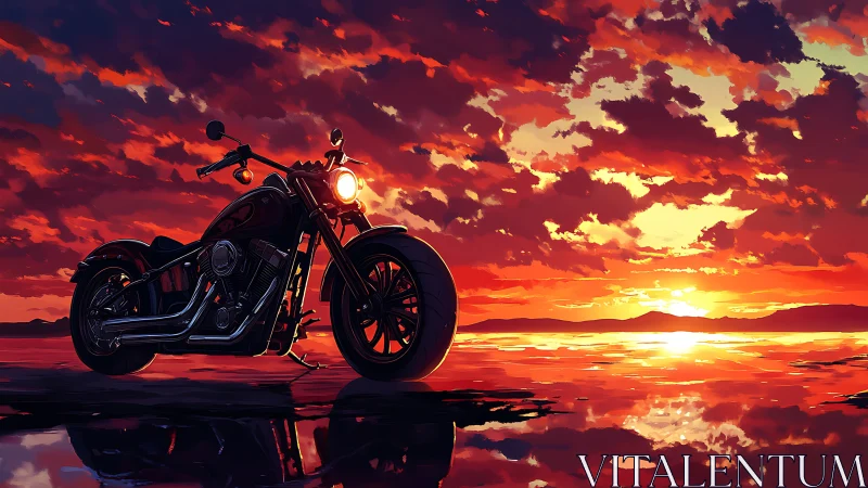Custom cruiser motorcycle under cinematic sunset sky.