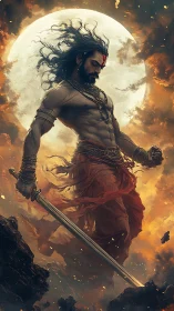 Mythic warrior framed by lunar backlight and dynamic firelit clouds