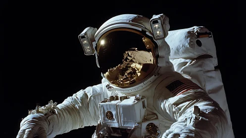 Lunar-lit astronaut drifting in velvet-black cosmic silence.