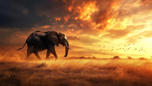Elephant striding through sunlit savanna under blazing sunset sky