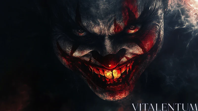 Sinister clown grin glowing through deep swirling shadows.