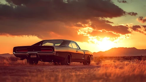 Photorealistic muscle car at desert sunset with cinematic framing.