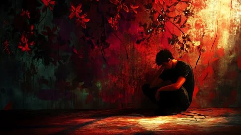 Solitary figure seated against abstract floral wall surface.