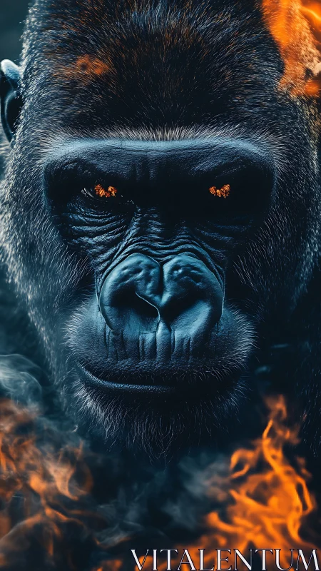 Fierce gorilla portrait glowing through smoke and fire.