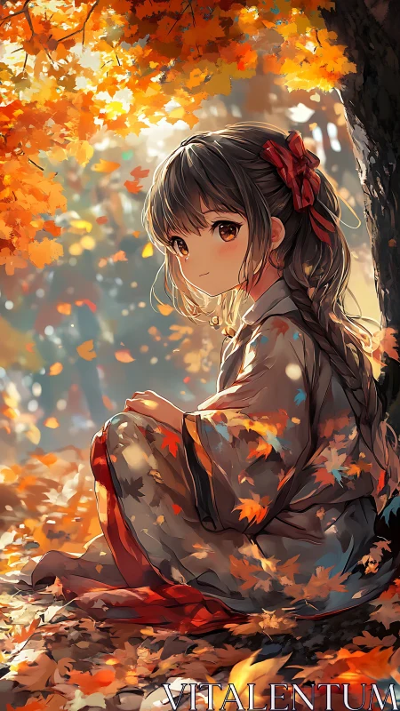 Autumn kimono girl resting beneath glowing maple canopy.