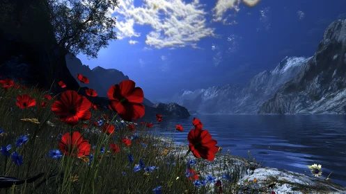 Red wildflowers by alpine lake under deep blue sky.