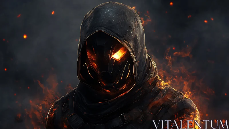 Hooded infernal warrior with molten visor in burning gloom.