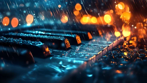 Midnight rain on piano keys glowing with city lights.