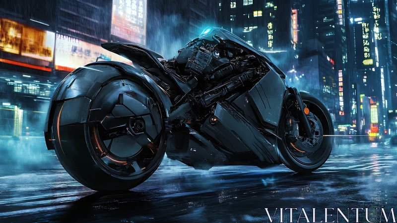Futuristic motorcycle on wet neon city street at night.