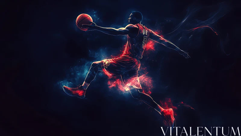 Electric basketball dunker soars through glowing neon night