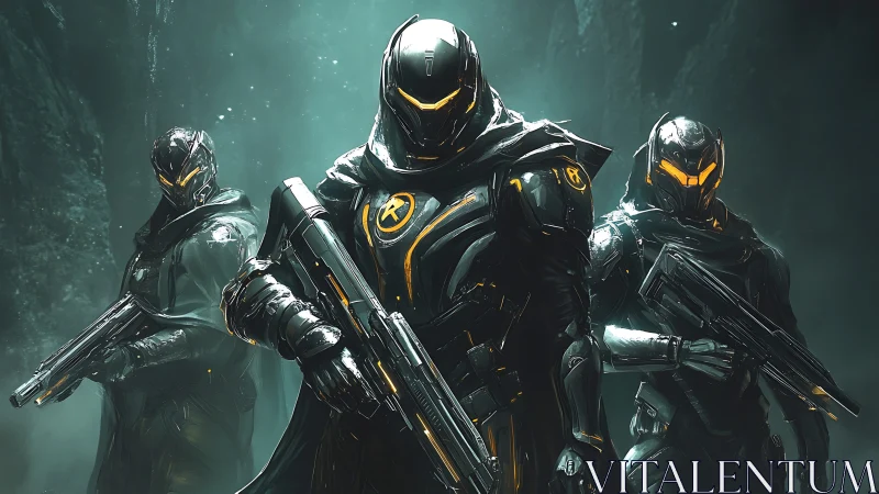 Midnight exosuits stride forward, harvesting neon from shadows