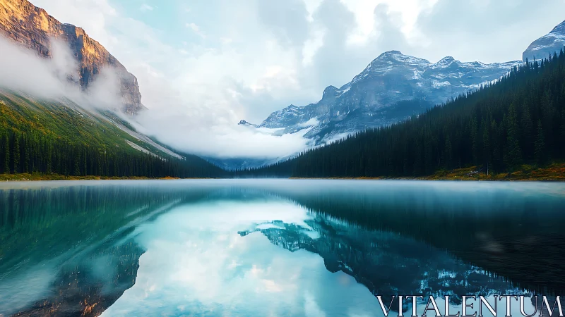 Silent mountain lake reflects misty peaks in soft morning light