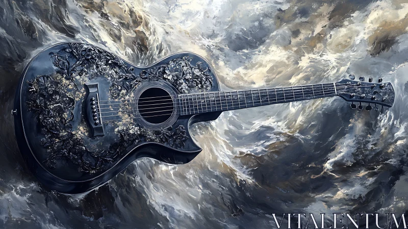 Black acoustic guitar with ornate floral relief floats in storm