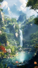 Vertical fantasy gorge with layered waterfalls and diffuse volumetric light