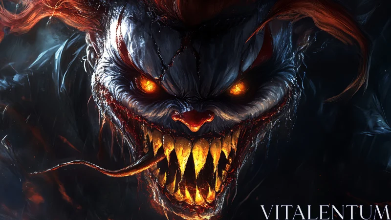 Infernal clown lunges from darkness with molten grin.