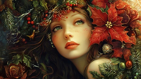 Female portrait framed by poinsettias and evergreen foliage.