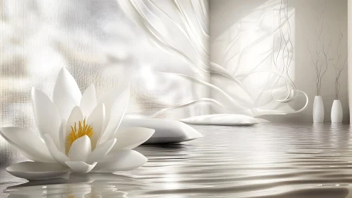 Serene White Lotus in Minimalist Water-Inspired Interior Artwork.