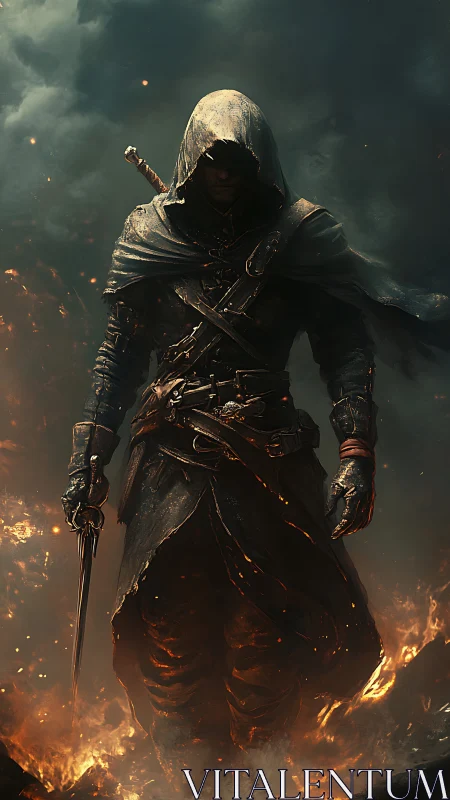 Hooded rogue strides through rising flames with drawn dagger