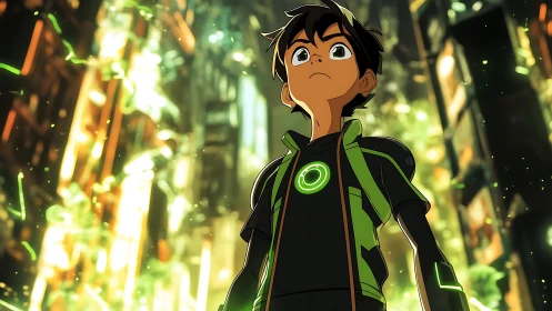 Boy in green suit standing in illuminated urban corridor.