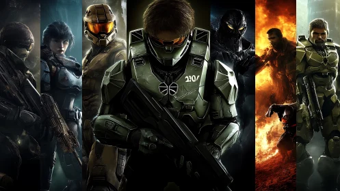 Armored sci fi soldiers aligned in dramatic team portrait.