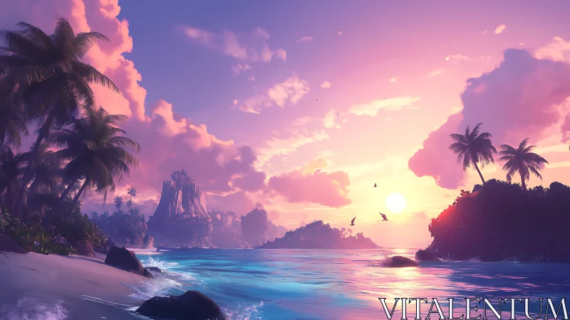 Tropical Island Sunset with Rocky Formations and Palm Trees.