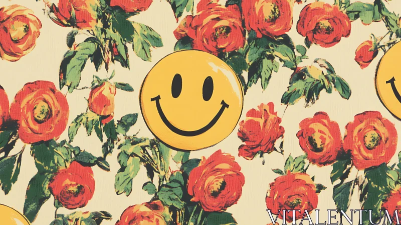 Smiley face overlays stylised red rose pattern on pale ground