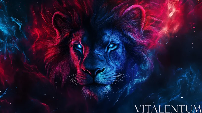 Celestial neon lion drifting through a swirling cosmic sky.