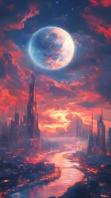 Luminous exoplanet over thermal-lit river megacity at chromatic dusk