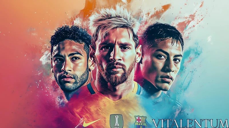 Dynamic football trio emerging from vivid color clouds.