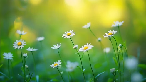 White Daisies in Soft Golden Light Among Green Meadow.