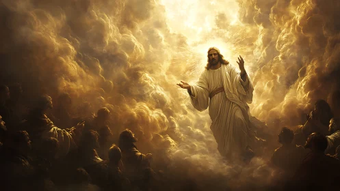 Radiant ascension scene amid luminous clouds and gathered figures