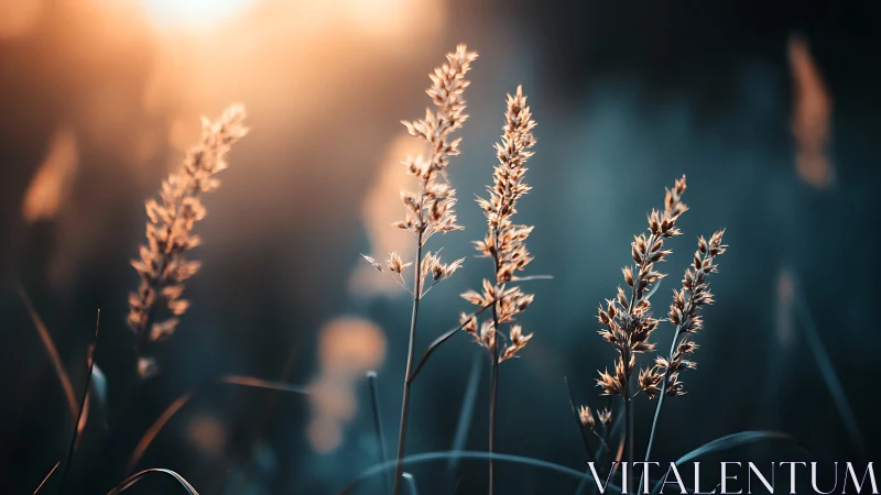 Backlit wild grasses form a warm bokeh field at sunset