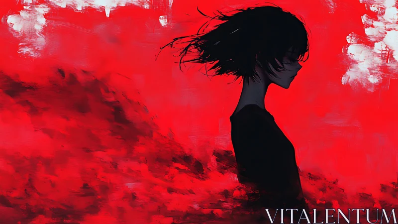 Silhouetted girl cuts through crimson abstract storm field.