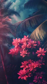 Tropical Pink Blooms Against Palm Fronds Under Turquoise Sky.
