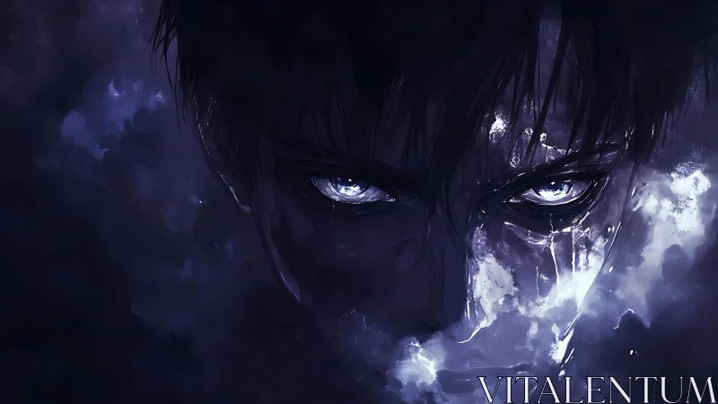 Storm-lit eyes emerge from shadowed darkness in intensity.