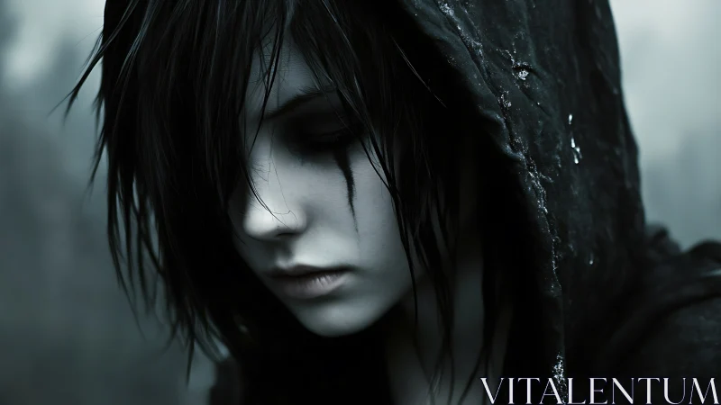 Hooded goth girl gazes downward under cold desaturated light