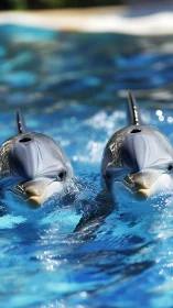 Twin dolphins gliding through rippled turquoise water surface.