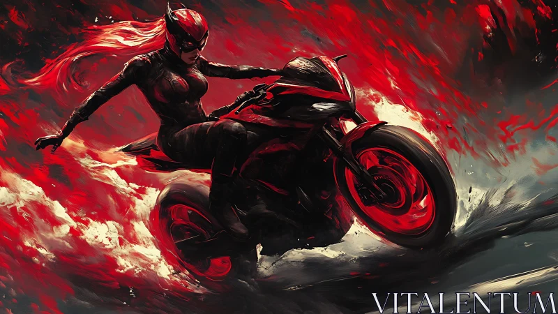 Armored motorcyclist leans into turn amid abstract red flames