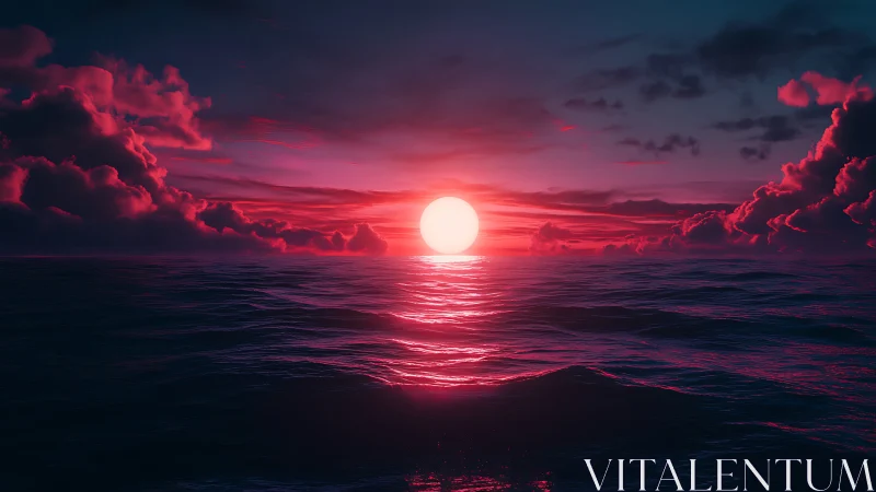 Radiant pink sunset glows softly above a calm open ocean