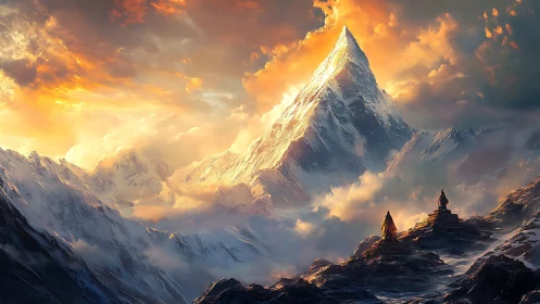 Sunlit summit listens quietly to pilgrims in blazing robes