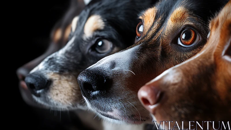 Four attentive dog profiles align in dramatic side view.