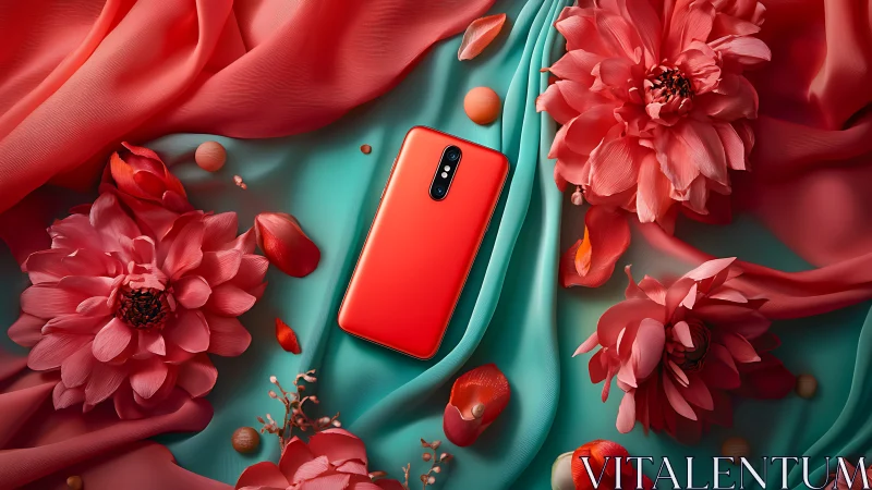 Red smartphone lies centered among pink flowers and fabric