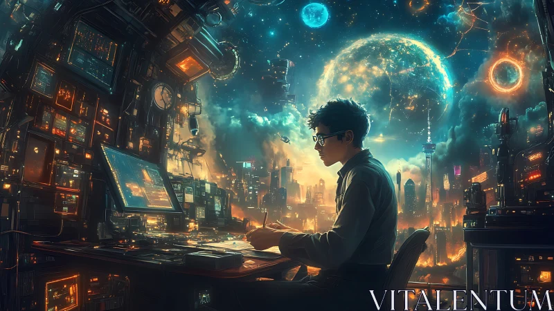 Nighttime coder surrounded by cosmic neon city dreams.