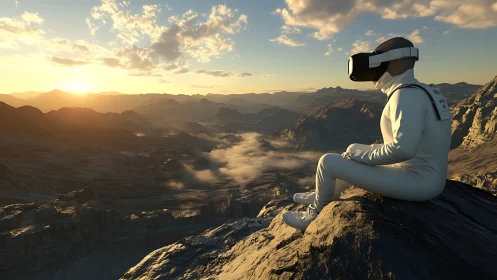 VR-equipped explorer observes procedurally lit rocky canyon at dawn